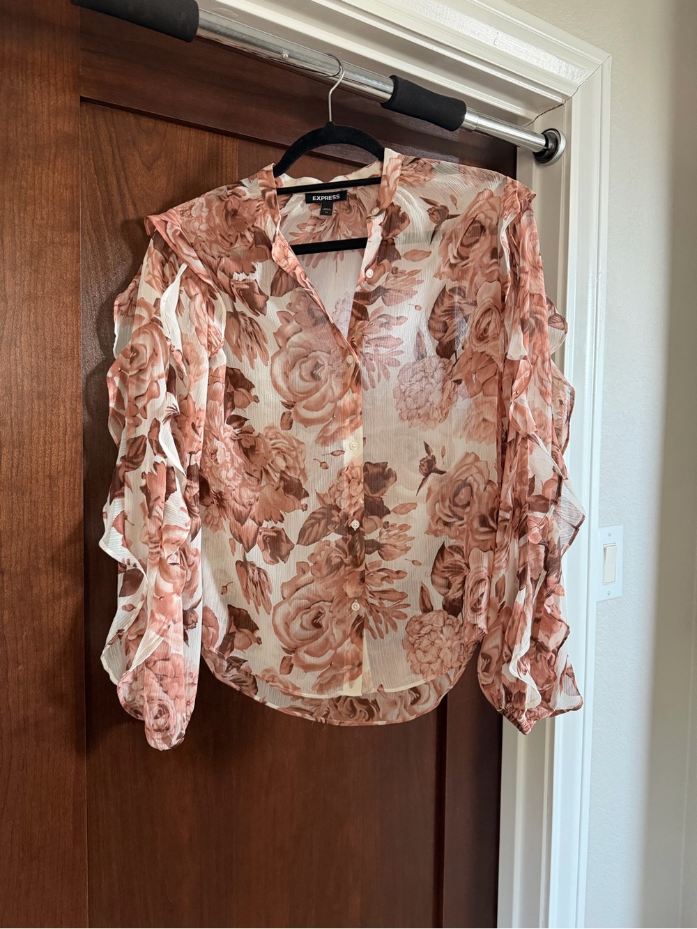 Express Floral Ruffle Button-Down Blouse - Rose/Brown